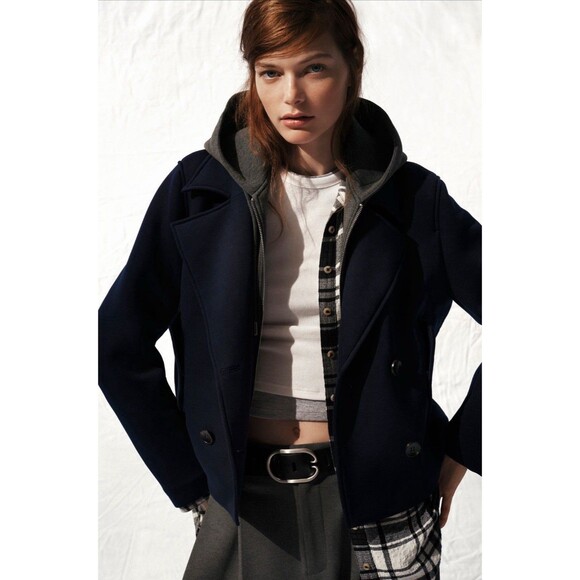 Anthropologie Maeve Peacoat Jacket Navy Women Twofer Hooded Preppy Large NWT - Picture 2 of 15